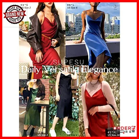 Satin Midi Slip Dress Silky Cowl Neck Adjustable Straps Elegant Formal Wear - Picture 3 of 7